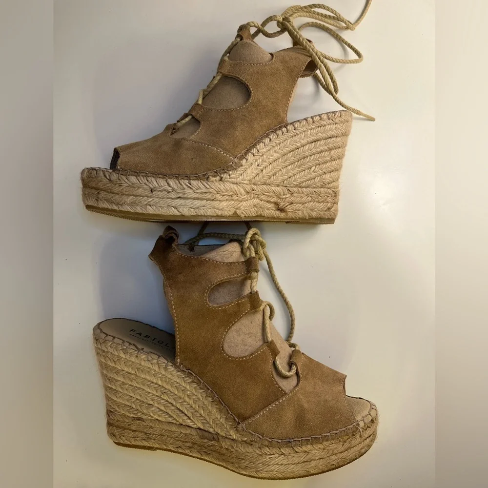 Fabiolas Tan Lace Up Cut Out Wedge Leather Espadrille Sandals
